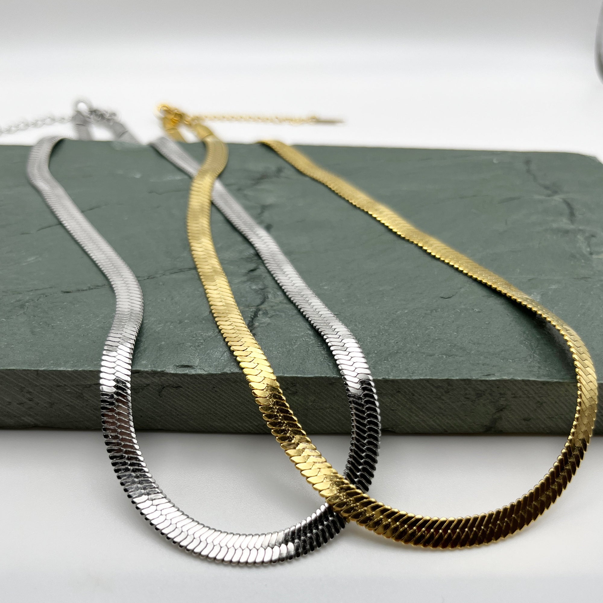 herringbone chain necklace in gold and silver
