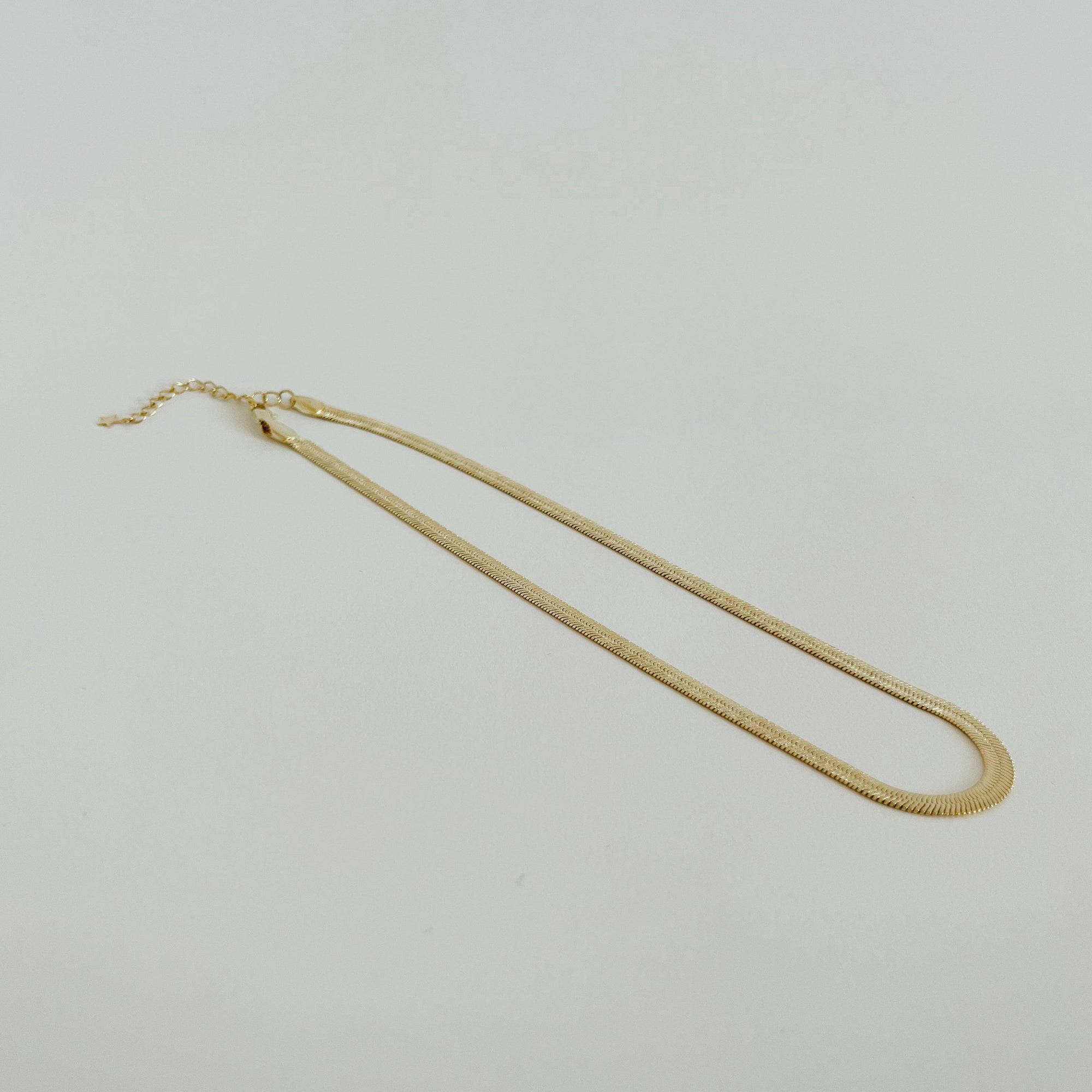 Gold snake chain necklace on white background.
